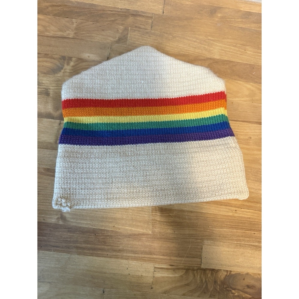 Vintage Beanie Ski USA Rainbow Hat Snowboard Ski Toboggan Knit Cream Wool Read‎